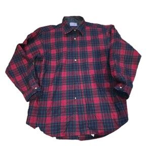 PENDLETON Sz L VINTAGE Red Blue Plaid Buffalo 100% Wool 70's Button Rodeo Shirt